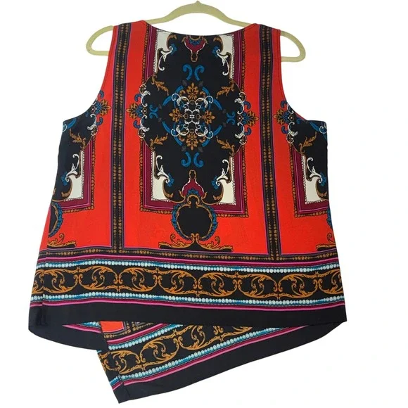 Ellen Tracy Size 14 Scarf Print Sleeveless Blouse High-Low Hem Floral Medallion - Picture 3 of 5
